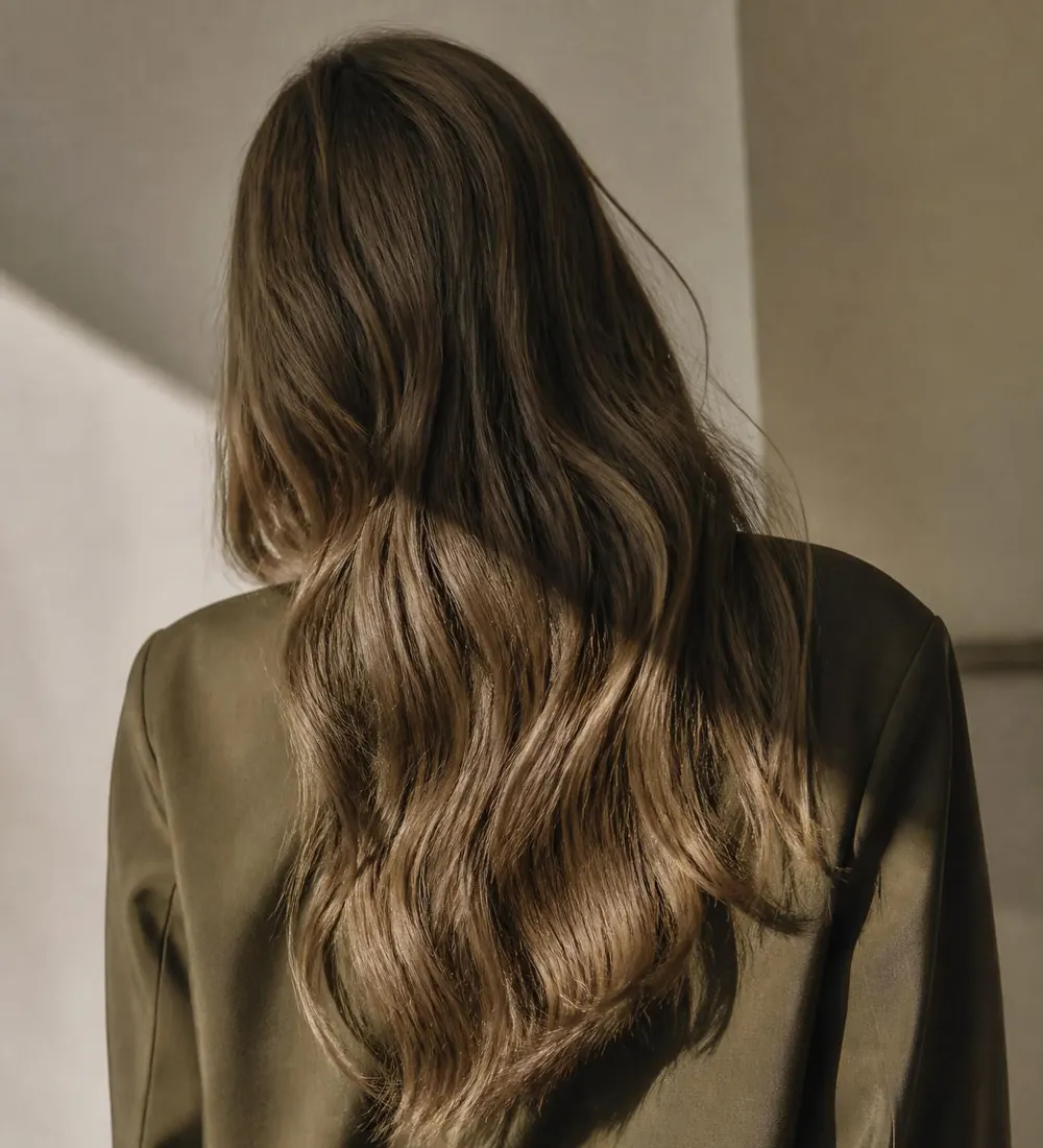 Cabelo longo ondulado caindo pelas costas de uma pessoa de blazer verde-oliva, sob luz natural